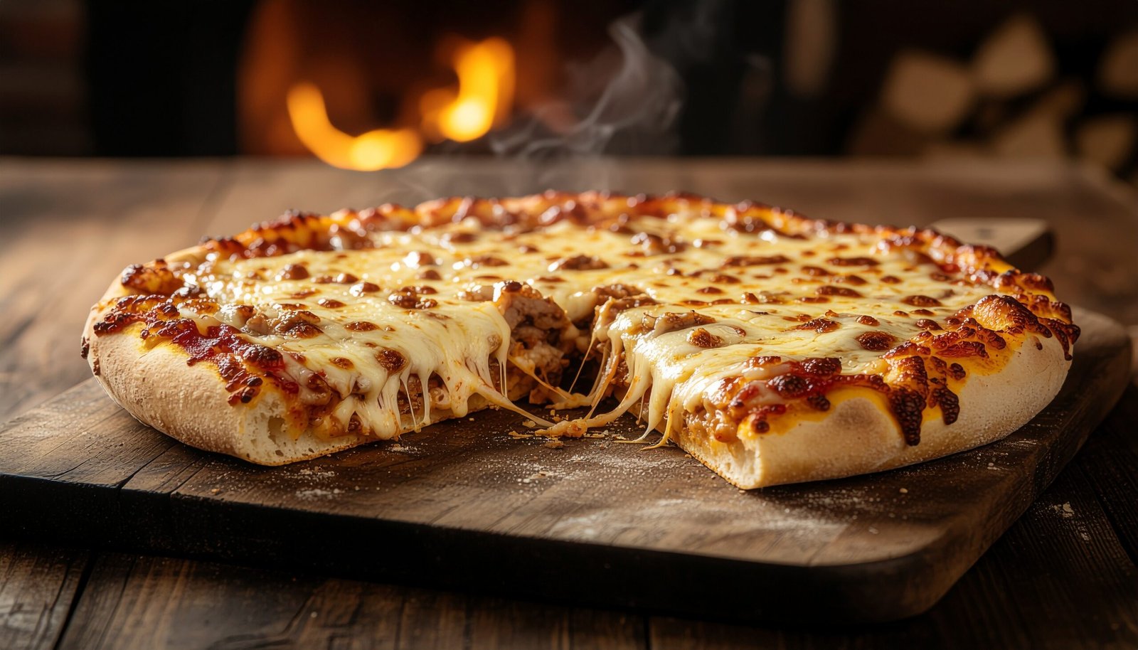 Firefly_An Argentine-style fugazzeta pizza cut in half, showing an explosion of melted cheese 88425 (1)
